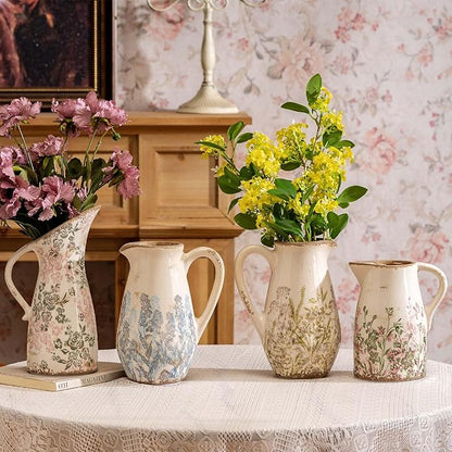 Vintage Ceramic Pitcher Vase with Handle, Farmhouse Green and Purple Large Floral Vases, French Country Decorative Vase, Rustic Table Centerpiece for Home Decor, Bookshelf, Office 10.5 Inch