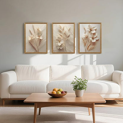 FYLDPSB 3Pcs Framed Neutral Beige Floral Canvas Wall art, Modern Simple Texture Plant Painting Wall Decor, Vintage Flower Poster Prints for Living Room Bedroom Farmhouse Ready to Hang 24''L x 16''W