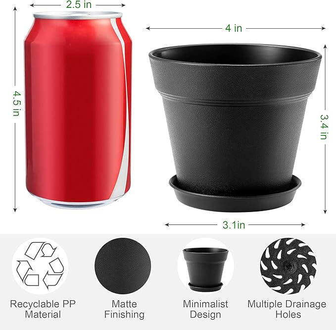 4 Inch Plastic Plant Pots 6 Pack, Small Flower Pots with Drainage Holes and Tray, Thickened Indoor Planters Seedlings Nursery Pots, African Violet, Succulent and All House Plants, Green