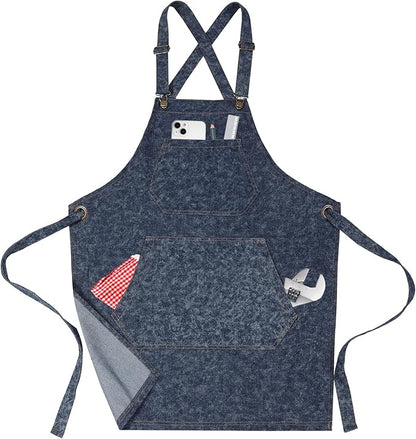 Cotton Denim Apron for Men Women, Cross Back Chef Apron with Large Pockets Removable Straps for Kitchen Cooking Gardening BBQ Hair Stylist Barista, Heavy Duty Jean Work Apron Adjustable Size