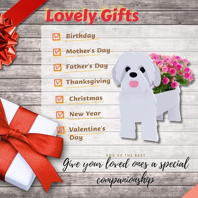 Shih Tzu White Dog Planter Plant Pots,Cute Dog Flower Planter,Gifts for Pet Lovers,Unique Animal Plant Pots,Office,Indoor Outdoor Garden Decor