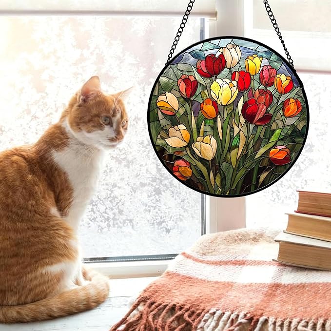 Stained Glass Window Hanging Wildflowers Tulips Large 11.8" - Flowers Suncatcher Door Garden Sun Catcher Home Decor Birthday Christmas for Mom Men Woman Friends Nana Wife