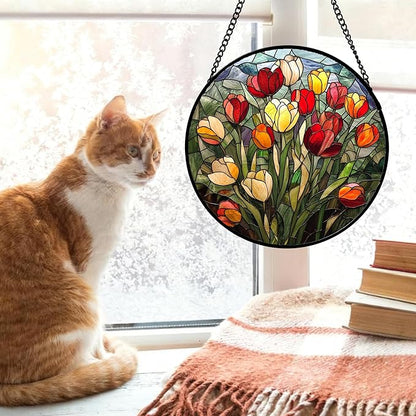Stained Glass Window Hanging Wildflowers Tulips 6.3" - Flowers Suncatcher Door Garden Sun Catcher Home Decor Birthday Christmas for Mom Men Woman Friends Nana Wife