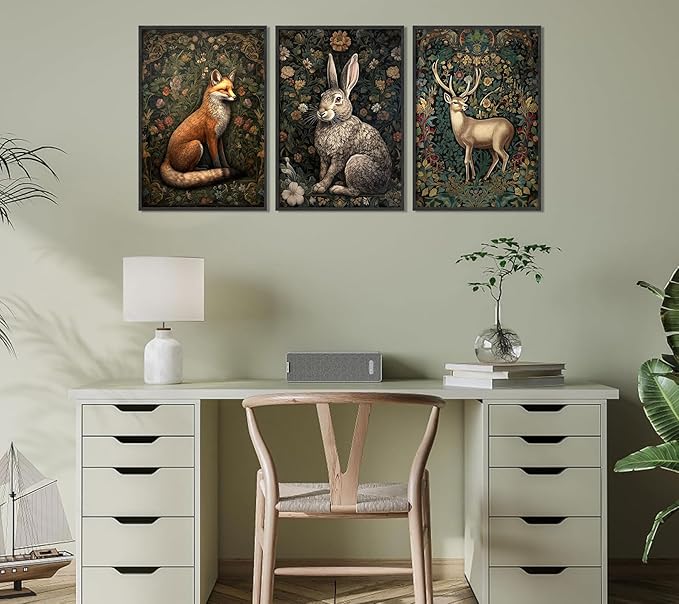 3Pcs Forest Animal Wall Art Fox Rabbit Deer Painting Pictures Wall Decor Wildlife Animal Posters Prints Dark Gothic Botanical Floral Artwork for Office Bedroom Home Decoration 16x24in