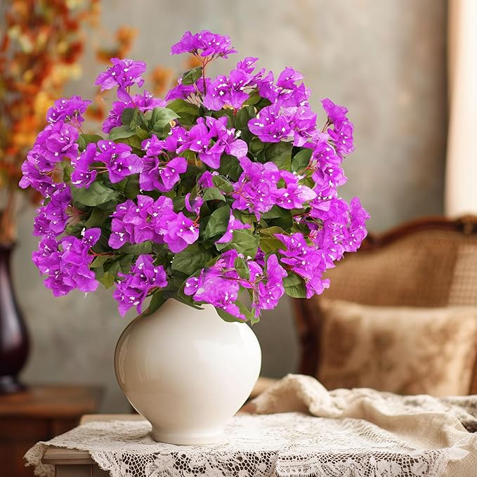 4 Pcs Artificial Flowers Bougainvillea Outdoor Artificial Plants Faux Flowers with Stems Silk Flowers for Wedding Porch Living Garden Decor Without Vase (4PCS,Dark Purple)