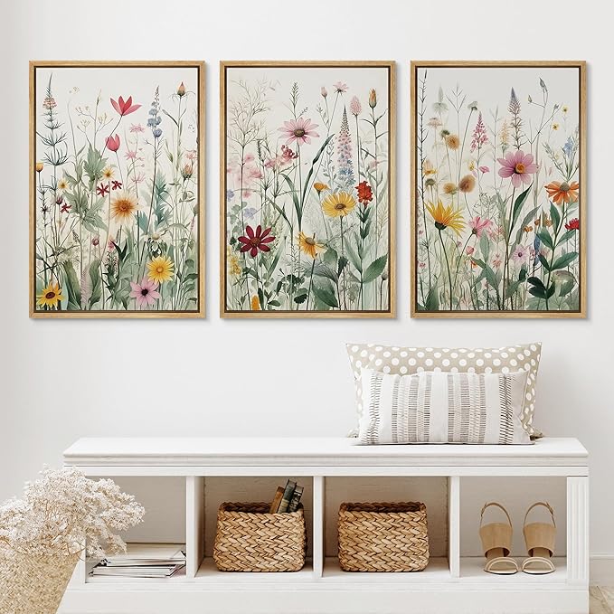 Ashbrook Framed Canvas Print Wall Art Set Garden Forest Wildflowers Nature Wilderness Illustrations Modern Art Decorative Floral Botanical Minimal Calm/Relax/Cozy for Bedroom - 16"x24"x3 NATURAL