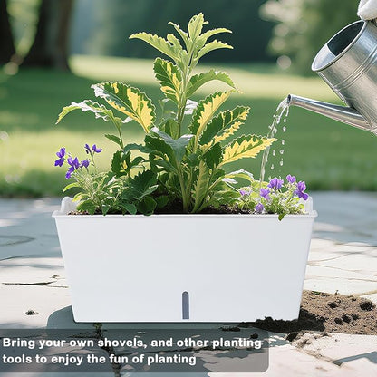 Window Box Planter 6 Pcs, 16.5 Inches Self Watering Rectangle Flower Plant Pots with Drainage Holes Trays, Vegetable Planters for Windowsill Patio Garden Balcony Porch Yard (White)