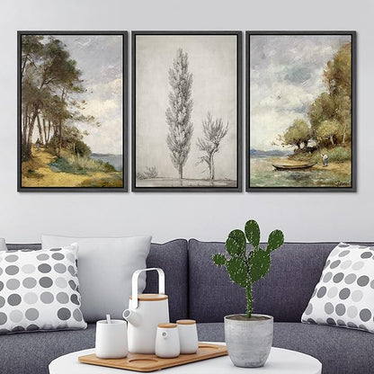 Ashbrook Framed Canvas Print Wall Art Set Forest Tree Lake Nature Wilderness Illustrations Fine Art Decorative Floral Botanical Garden Vintage for Living Room, Bedroom, Office - 16"x24"x3 Black