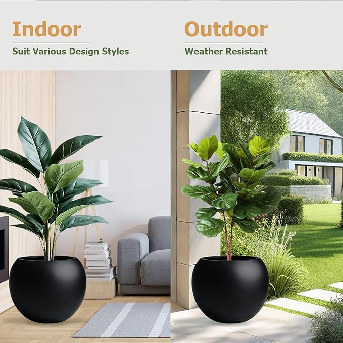 16" H x 20" D Globo Fiberstone Round Planter with Drainage Hole, Smooth Finishes, Weather Resistant for Indoor and Outdoor Use, Included 2 Extra Coco Mats (Black, 13.5" Pot Opening)
