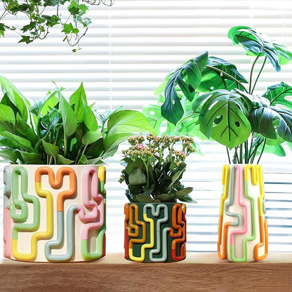 GUGUGO Colorful Squiggle Lines Planters Cute Unique Rainbow Planter with Drainage, Vintage Retro Flower Plant pots for Indoor Plants, Eclectic Succulent Gardening Pot for Boho Modern Décor, Green