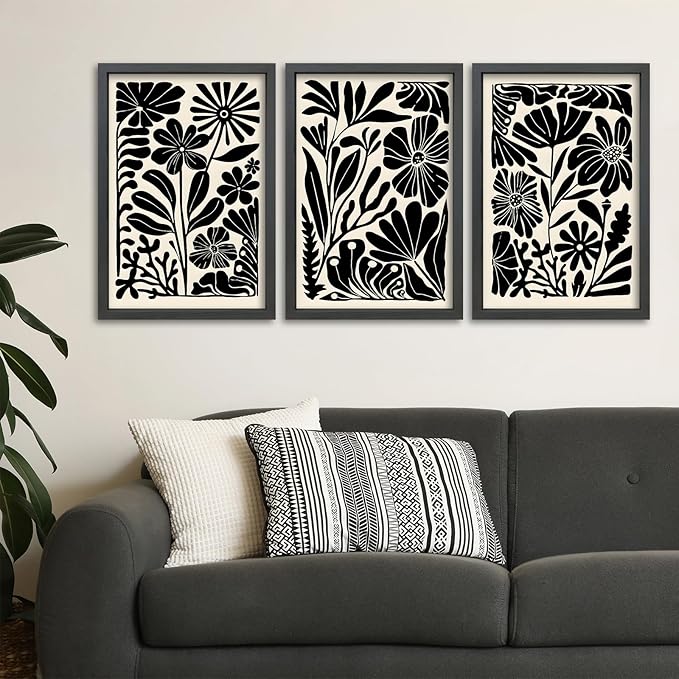 TQianJiang Flower Plant Sign Wall Decor 16"X11" Set of 3 Black And White Botanical Painting Wood Framed for Bedroom Abstract Wildflower Hanging Art (Black)
