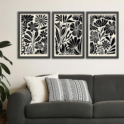 TQianJiang Flower Plant Sign Wall Decor 16"X11" Set of 3 Black And White Botanical Painting Wood Framed for Bedroom Abstract Wildflower Hanging Art (Black)