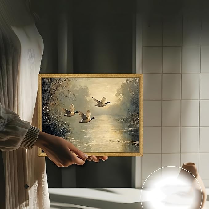 Wood Framed Canvas Landscape Wall Art, Countryside Art Wildlife Nature Pond Wall Decor, Vintage Mallard Duck Oil Paintings Print for Living Room, Bedroom, Office, Rustic Decor 12x16 inch