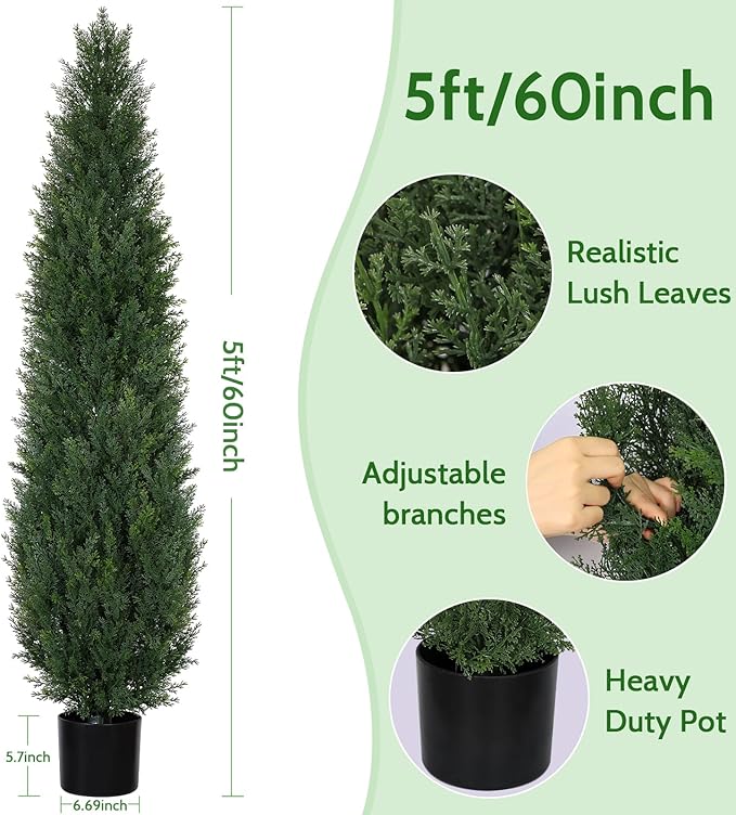 Artificial Cedar Topiary Trees, 5FT UV Resistant Topiary Trees Artificial Outdoors, Realistic Pre-Potted Faux Cypress Plants for Outdoor Porch, Home Entryway, and Garden Decor, Set of 2