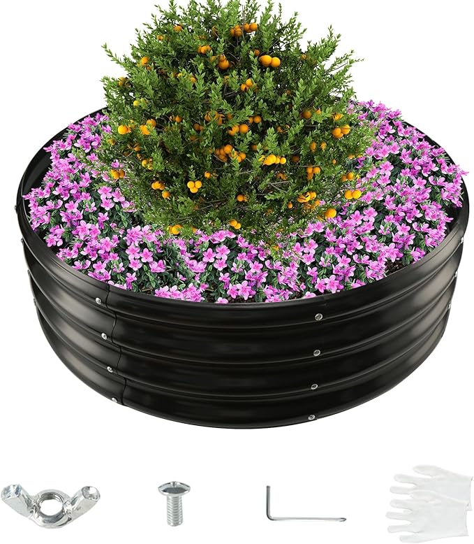 3FT Diameter Galvanized Garden Raised Bed/Plant Box/Fire Pit Ring - 0.8mm Thick,12 Inch Tall,Perfect for Planting a Variety of Flowers,Herbs,Vegetables (Black, 36 Dia X 11.5 inches)