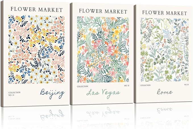 Framed Floral Canvas Wall Art Painting Botanical Wall Print Showcase Beijing, Las Vegas and Rome Flower Painting Poster Botanical Art Home Decor 16x24 inches x3