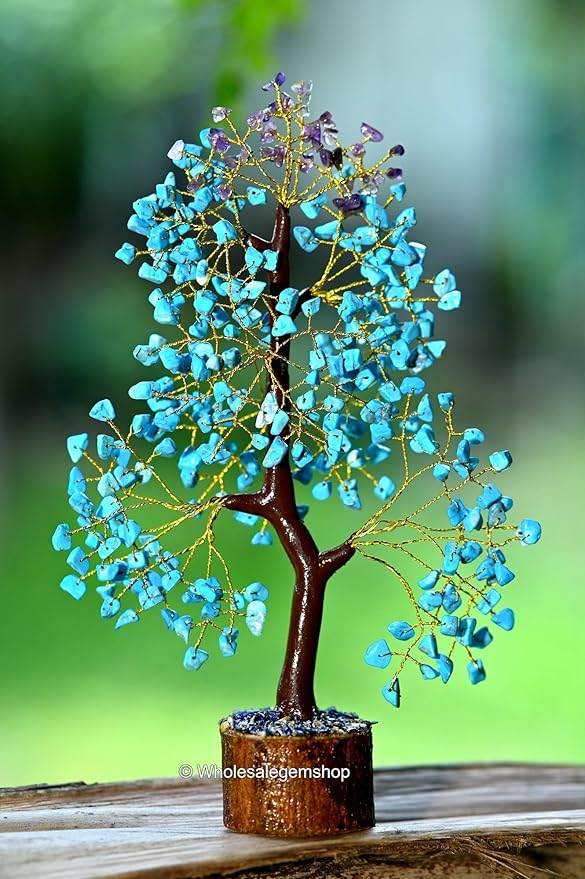 Turquoise & Amethyst Golden Wire Artificial Gemstone Tree – Crystal Healing Decor for Home, Office & Meditation