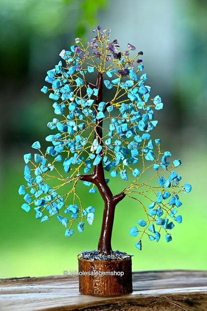Turquoise & Amethyst Golden Wire Artificial Gemstone Tree – Crystal Healing Decor for Home, Office & Meditation