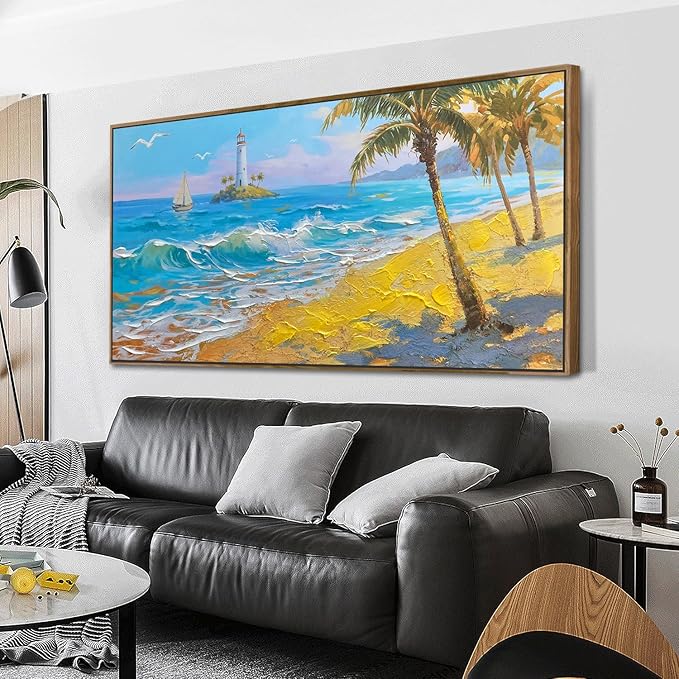 Brushart Beach Nautical Wall Art for Living Room Large Coastal Bedroom Pictures Paintings Wall Decor Ocean Textured Artwork for Dining Room Walls Home Office, Framed 48"x24"