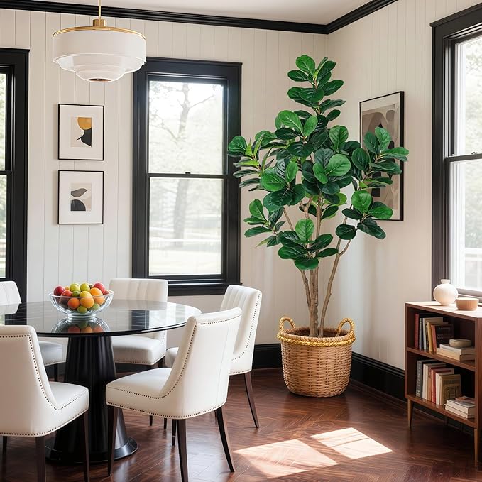 Artificial Fiddle Leaf Fig Tree with Thick Trunk and Emerald Leaves, 7 ft Faux Ficus Lyrata with White Planter & Black Pebble, Fake Ficus Tree for Living Dining Room Bedroom Indoor Decoration
