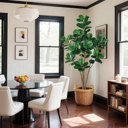 Artificial Fiddle Leaf Fig Tree with Thick Trunk and Emerald Leaves, 7 ft Faux Ficus Lyrata with White Planter & Black Pebble, Fake Ficus Tree for Living Dining Room Bedroom Indoor Decoration