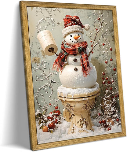 Vintage Snowman Christmas Wall Art, Cute Snowman Canvas Prints Poster, Winter Farmhouse Painting Artwork Picture, Rustic Holiday Christmas Wall Decor for Living Room Bathroom 8x10 Inch Framed