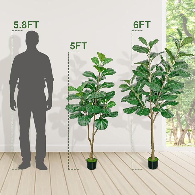 5ft Artificial Fiddle Leaf Fig Tree, Faux Ficus Lyrata Fake Tree with Black Planter Fake Fig Tree for Indoor Outdoor Home Office Decoration