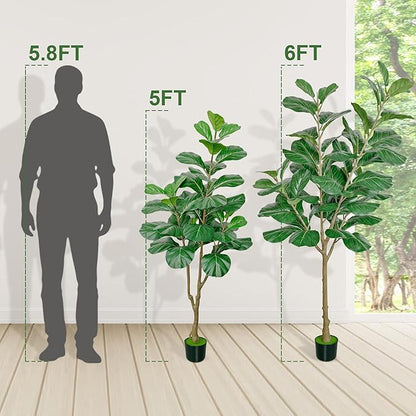 5ft Artificial Fiddle Leaf Fig Tree, Faux Ficus Lyrata Fake Tree with Black Planter Fake Fig Tree for Indoor Outdoor Home Office Decoration