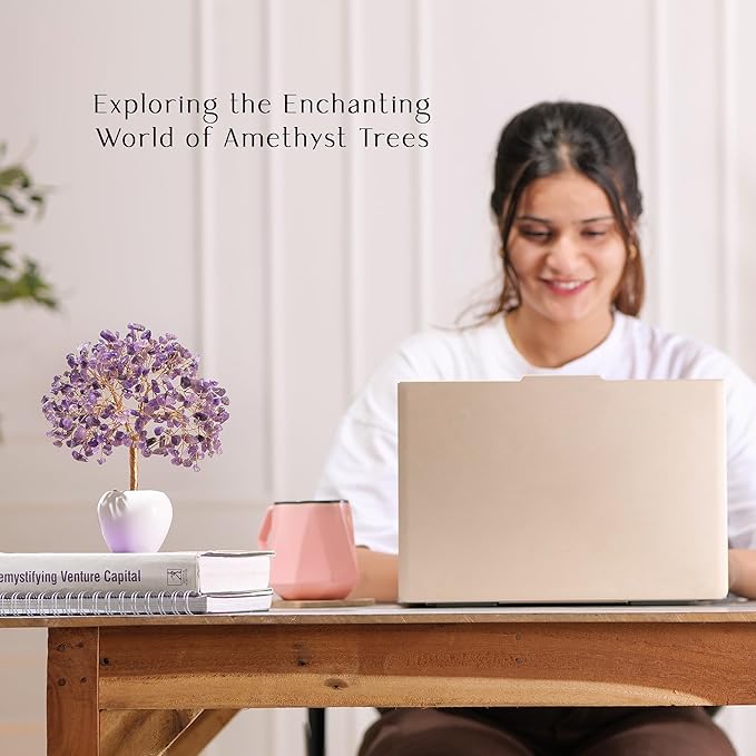 Amethyst Stone Chakra Crystal Tree Money Tree Feng Shui Gemstone Tree of Life with Pot Base, Good Luck Trees Christmas Home Office Desk Crystal Decor Ornament Stress Relief, Spiritual Insight