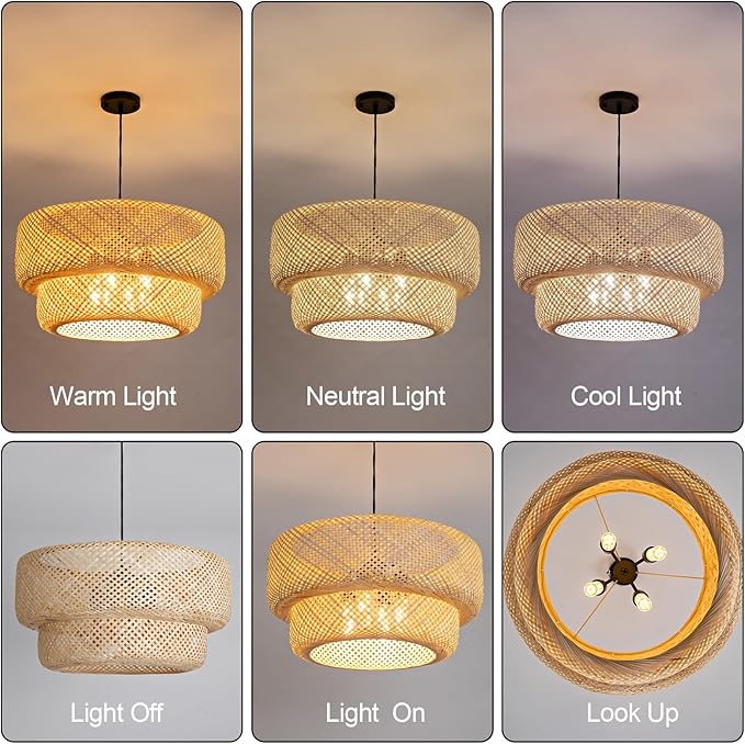23.6IN Bamboo Pendant Light Fixtures, Hand-Woven Ceiling Hanging Chandelier, 4-Light Bohemian Large Basket Pendant Lights for Kitchen Island Dining Living Room Bedroom Restaurant