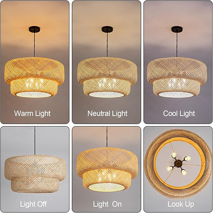 23.6IN Bamboo Pendant Light Fixtures, Hand-Woven Ceiling Hanging Chandelier, 4-Light Bohemian Large Basket Pendant Lights for Kitchen Island Dining Living Room Bedroom Restaurant