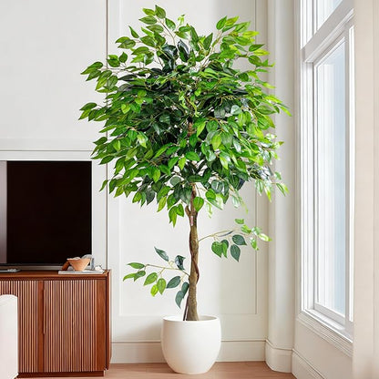Artificial Ficus Tree 6FT Artificial Plants Indoor Fake Ficus for Indoor Home Decor, 150% Foliage Density Realistic Faux Tree Fake Floor Plant with Leaves for Living Room, Office, House Plant