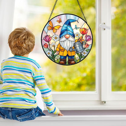 Stained Glass Window Hanging, Gnome in Garden Sun Catcher for Indoor Window Decoration with Flowers & Butterflies, Stained Glass Home Decor Gift for Women and Men G34 (7.9'')