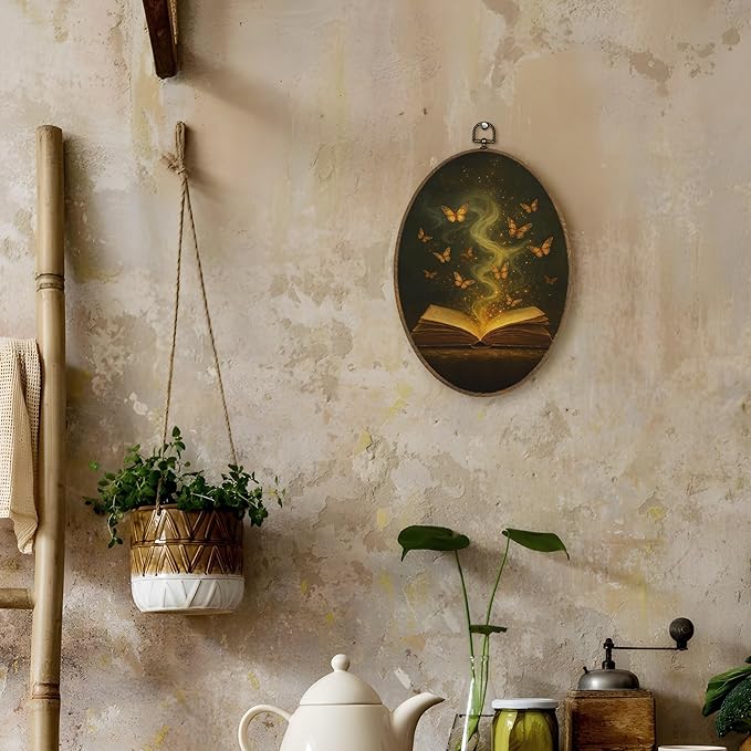 LKETW Vintage Moody Gold ButterflyBook Oval Wall Art Decor, Dark Academia Bookish Oval Canvas Hanging Decor, Book Lovers Gifts Wall Decorations for Reading Room Library Gallery, 8.6x11.4 Inch
