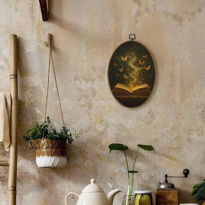 LKETW Vintage Moody Gold ButterflyBook Oval Wall Art Decor, Dark Academia Bookish Oval Canvas Hanging Decor, Book Lovers Gifts Wall Decorations for Reading Room Library Gallery, 8.6x11.4 Inch