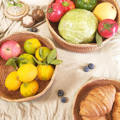 Rattan Bread Baskets for Serving, Hand Woven Food Baskets, Natural Wicker Fruit Basket for Kitchen Counter, Decorative Bread Baskets for Gifts, Snacks, Candies, Nuts, Keys, Wallets, Etc.(Wave-Combo)