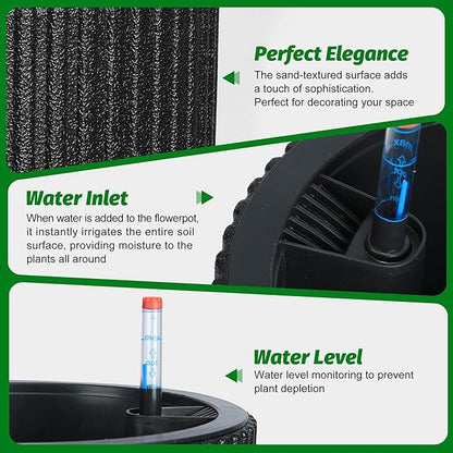14.2" Tall Planters Set of 2, Plant Pots, Self Watering Pots for Indoor Plants, Flower Pots with Built-in Drainage and a Water Level Monitor, for Patio, Porch, Living Room, or Office, Black