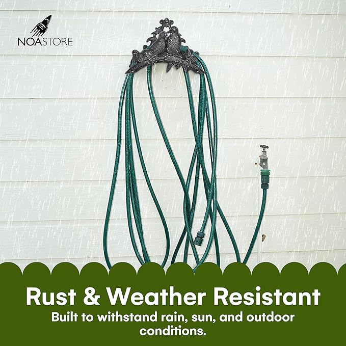 Noa Store Garden Hose Holder - Decorative Wrought Iron Wall-Mounted Hose Organizer - Heavy-Duty Wall Mount Water Hose Holder - Hook Rack for Water Hose - Outdoor Hose Holder - H8xL10xW5.7 inches