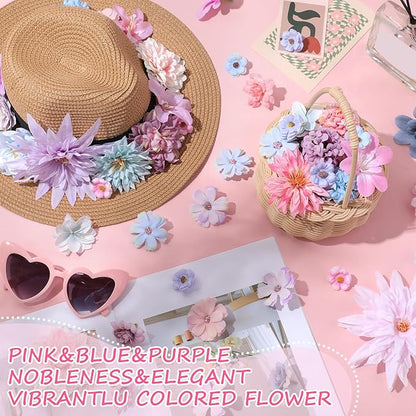 80 Pcs Assorted Fake Flower Heads Mini Artificial Flower Heads Bulk Silk Faux Daisy for Crafts Fake Peony Rose for Wedding Party Wreath Home Decoration(Blue, Purple, Pink)