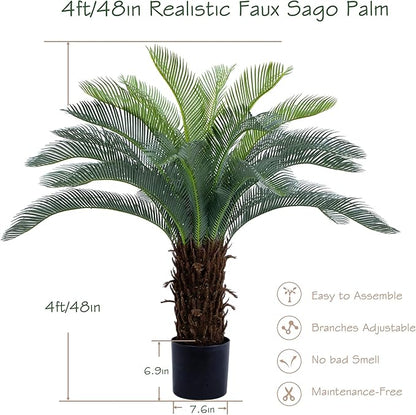 Bellacat 4ft UV Resistant Faux Sago Palm Tree with Natural & Lifelike Bark, 48in Super Full Artificial Cycad Tree with Realistic Leaves, for Home Office Patio Porch Front Door Decor.