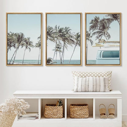 Ashbrook Framed Canvas Print Wall Art Set Retro Road Trip Palm Tree Beach Vacation Nature Wilderness Photography Realism Decorative Nautical Calm/Relax/Cozy for Bedroom - 16"x24"x3 NATURAL