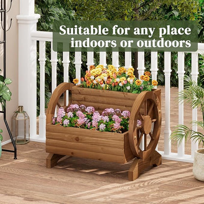Garden Planter with Wheels, Wooden Wagon Box, Decorative Planter for Flowers Herbs Vegetables for Indoor & Outdoor Décor Flower Cart for Patio Garden Balcony (Brown)