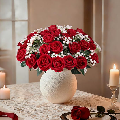 HyeFlora 35 PCS Red Roses Artificial Flowers 15 PCS Fake Baby Breath Realistic Fake Flowers Bouquet with Stem for DIY Wedding Party Home Decoration Vase Tables Centerpieces Arrangements Gift for Her