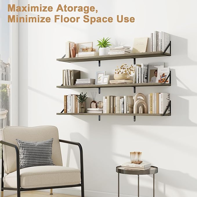 Fun Memories Extra Long Floating Wall Shelves, 48 x 8 Inches, Set of 3 Large Wood Floating Bookshelves with Metal Brackets for Storage & Display (Grey)
