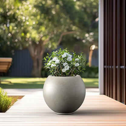 Kante Round Concrete Flower Pot, 19.3 Inch Dia (14" Opening) Sphere Shape Design Planter with Drainage Hole and Rubber Plug for Outdoor Plants, Weathered Concrete Finish with Painted Interior