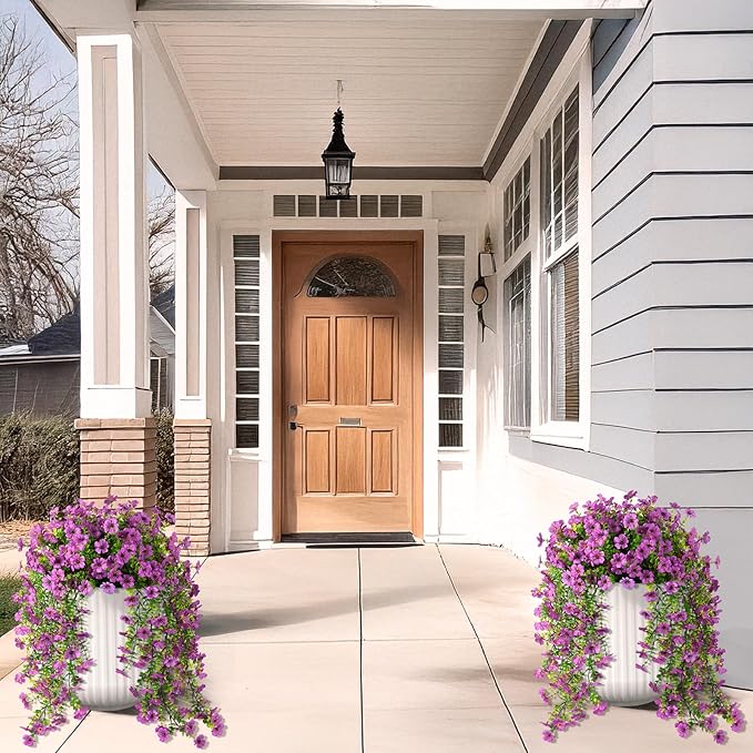 Fake Artificial Hanging Flowers for Outdoors, 2 Pcs Artificial Hanging Plants Spring Summer Decor, UV Resistant No Fade Faux Silk Daisy Flower for Planter Front Door Porch Patio Yard Garden(Purple)