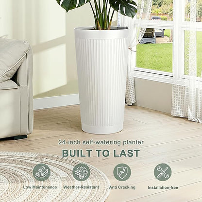24” Outdoor Tall Planters Set of 2, Self Watering Large Planter Pots for Indoor Plants, Plastic Outdoor Flower Pots with Drainage Hole for Front Porch, Patio (White Ribbed)