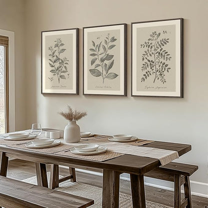 Large Framed Botanical Wall Art for Living Room, 3 Piece Neutral Plant Canvas Painting Prints Artwork for Walls, Vintage Floral illustration Pictures for Farmhouse Bedroom Kitchen Wall Decor, 20x30