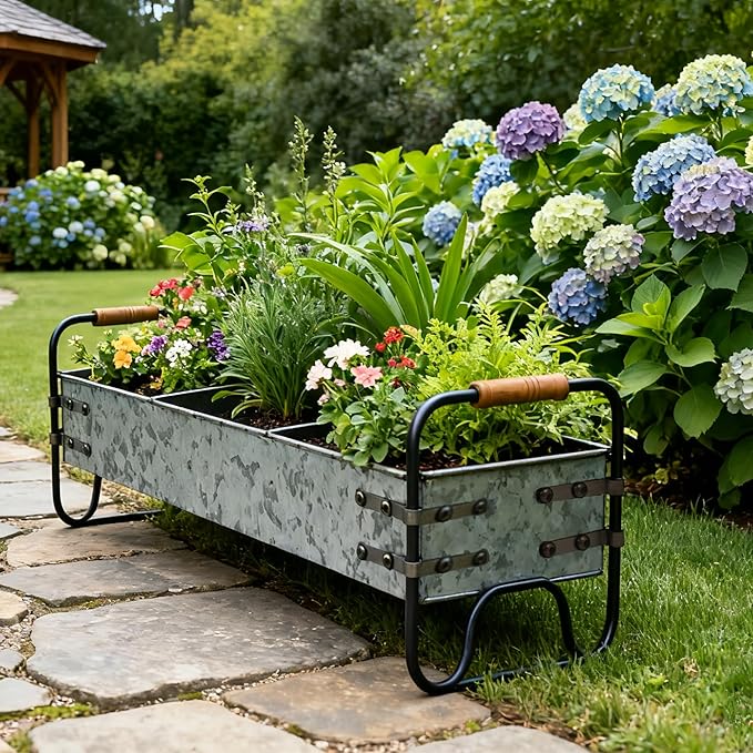 Rustic Galvanized Metal 3-Compartment Planter with Wood Handles, Vintage Style Succulent Herb Flower Pot for Indoor Outdoor Garden, Kitchen, Windowsill Decor