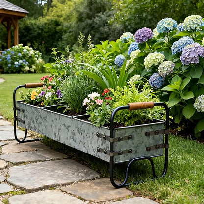 Rustic Galvanized Metal 3-Compartment Planter with Wood Handles, Vintage Style Succulent Herb Flower Pot for Indoor Outdoor Garden, Kitchen, Windowsill Decor